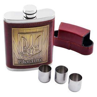 Фляга в шкірі 295 мл Ukraine 10oz 3 стопки 10 мл у кришці R_BZ-10Brown фото