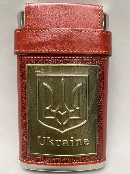 Фляга в коже 295 мл Ukraine 10oz 3 стопки 10 мл в крышке R_BZ-10Brown фото