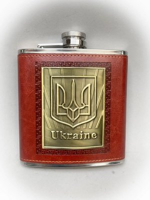 Фляга UKRAINE Герб із неіржавкої сталі в шкірі 474ml 16OZ R_TP-16Brown фото