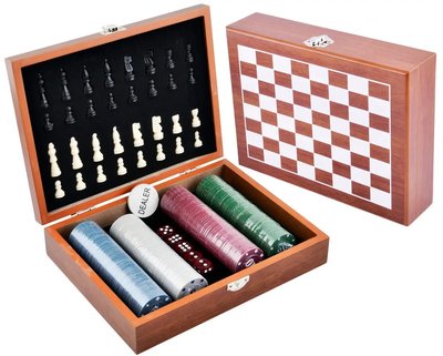 Ігровий набір Сhess Set шахи покерні фішки 200шт ральні кубики в дерев'яному кейсі BG_2518С фото