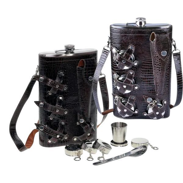 Подарунковий набір фляга у шкіряному чохлі Flask Premium PT-64A 64oz/1892 мл 8 предметів 12069 фото