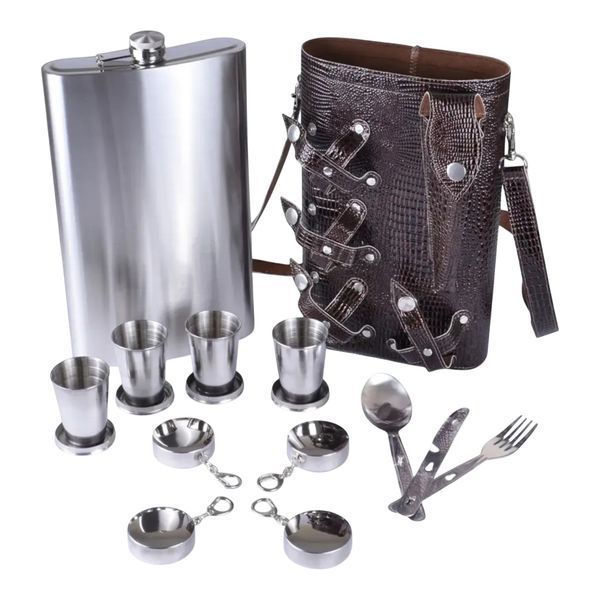Подарунковий набір фляга у шкіряному чохлі Flask Premium PT-64A 64oz/1892 мл 8 предметів 12069 фото
