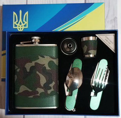 Набор подарочный Moongrass 5в1 Україна Камуфляж фляга 266ml 9OZ /лейка/стопка/2 мультитула Black R_WKL071 фото