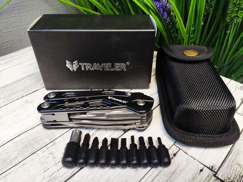 Многофункциональный нож мультитул Traveler MQ034 Black 6 в 1 + набор бит в чехле 06154 фото