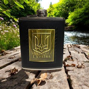 Фляга  Герб України F4-26 Black в шкірі 9oz/270мл з нержавіючої сталі 06209 фото