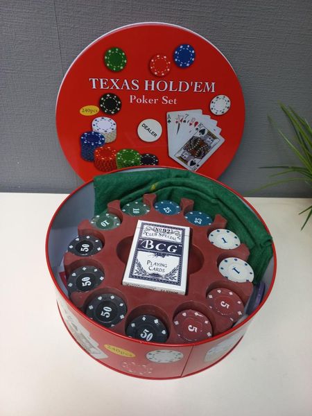 Ігровий набір Покер на 240 фішок з номіналом у круглій металевій коробці Poker Set BG_240T фото