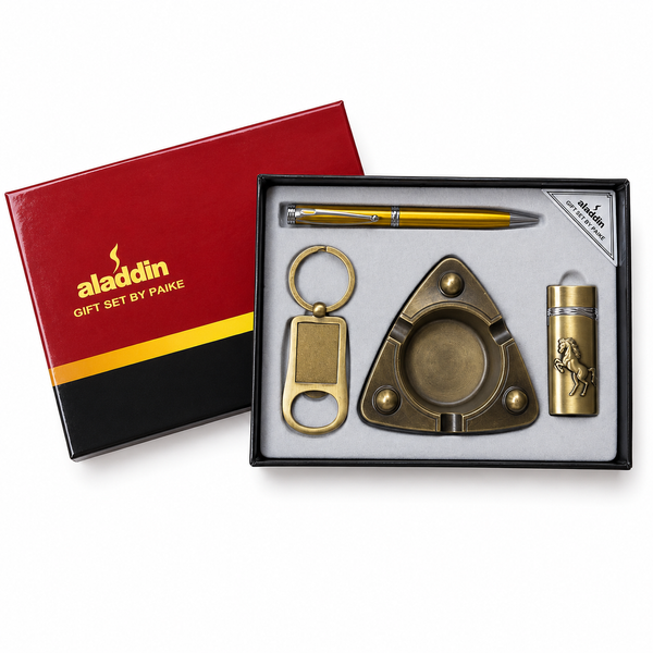 Подарочный набор Aladdin YJ-6352 Golden Horse 4в1 &mdash; пепельница турбо-зажигалка ручка и брелок в подарочной коробке 12965 фото