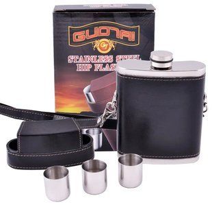 Фляга в шкірі 266 мл 9oz 3 стопки 10 мл у кришці BZ-9 Black  07154 фото