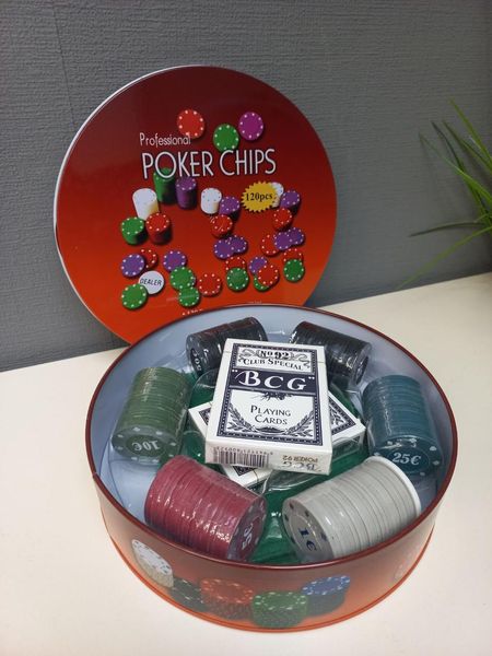 Ігровий набір Покер на 120 фішок з номіналом у круглій металевій коробці Poker Chips BG_120Т фото