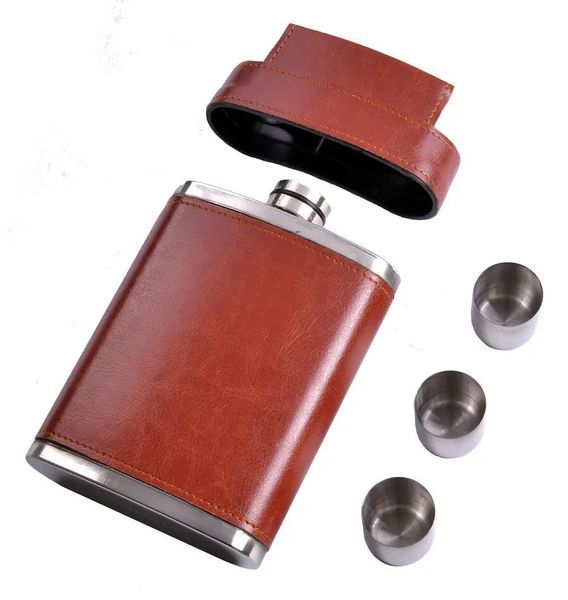 Фляга в коже 325 мл 11oz 3 стопки 10 мл в крышке R_BZ-11Brown фото