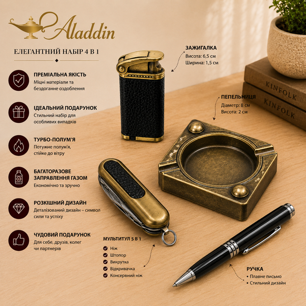 Подарунковий набір Aladdin YJ-6316 4в1 Шлях Мандрівника &mdash; запальничка, мультитул, ручка та металева попільничка 12963 фото