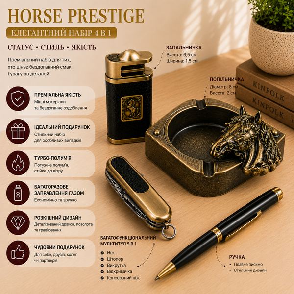 Подарочный набор Aladdin LX046 4в1 Horse Prestige &mdash; зажигалка мультитул ручка и металлическая пепельница copy_12963 фото
