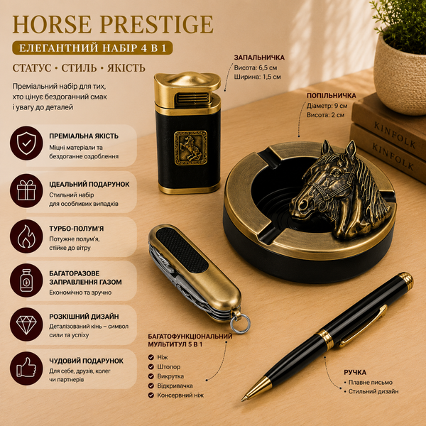 Подарочный набор Aladdin LX046 4в1 Horse Prestige &mdash; зажигалка мультитул ручка и металлическая пепельница copy_12963 фото