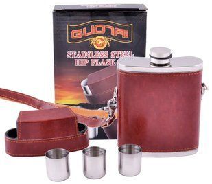 Фляга в шкірі 266 мл 9oz 3 стопки 10 мл у кришці BZ-9 Brown 06634 фото